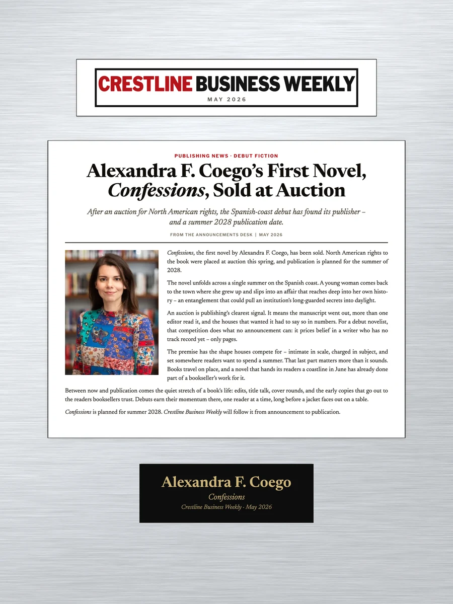 A sample press feature as a keepsake plaque – invented publication, article, and printed inscription